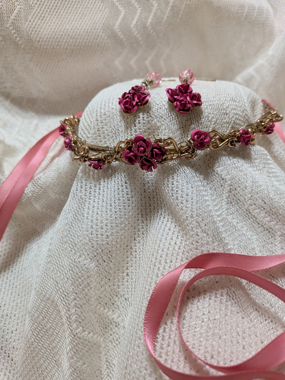 Pink Floral Handcrafted Head Band and Earring Set Princess Fairy Feminine